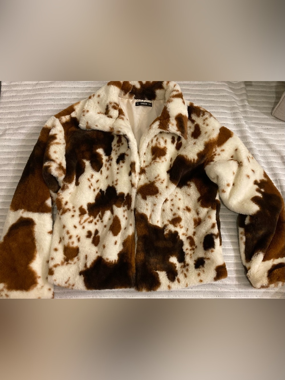 Cow Print Jacket - Faux Fur White & Brown Cow Print Coat